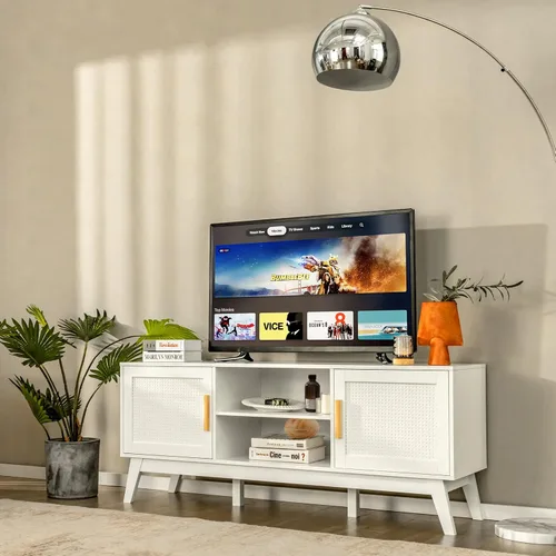Miniatura 2 de Tangkula Soporte de TV de ratán para televisores de hasta 65 pulgadas, mesa consola de TV multimedia con estante ajustable, gabinetes de 2 puertas