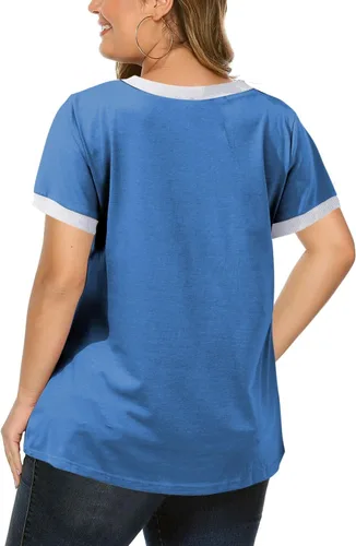 Miniatura 65 de Eytino Blusas de talla grande para mujer, cuello en V, manga corta, a rayas, casual, holgada, con bolsillo (1X-5X)