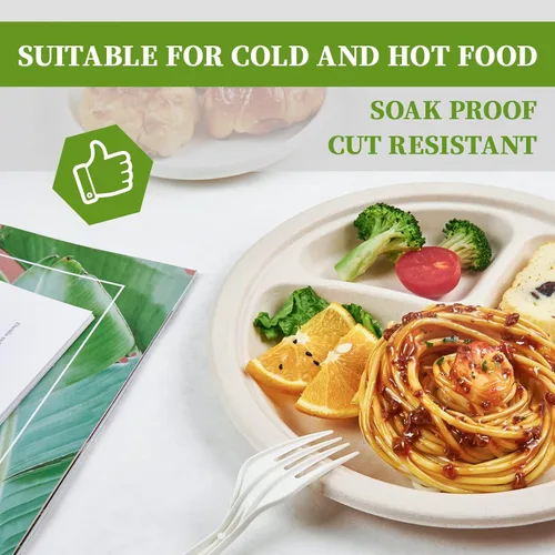 Miniatura 3 de ECOLipak paquete de 125 platos desechables de 3 compartimentos, platos de papel compostables de 10 pulgadas de alta resistencia, hechos de fibras