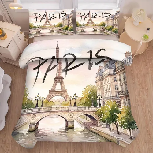 Miniatura 54 de kxry Juego de edredón de París, tamaño Queen, color rosa, Torre Eiffel Sena, ropa de cama estilo francés, edredón de paisaje urbano de París