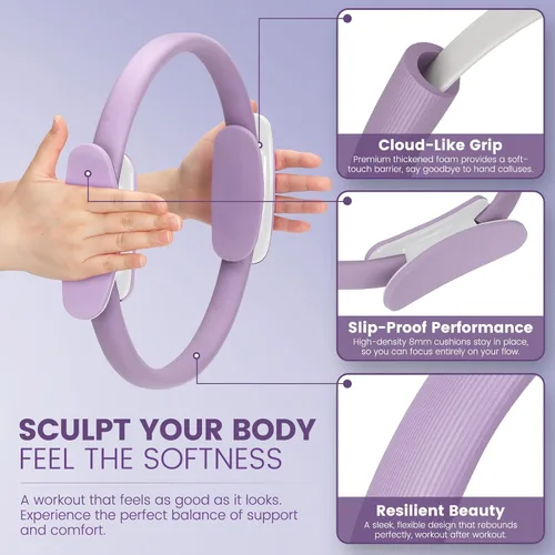 Miniatura 3 de Kit esencial de anillo de pilates para mujer, equipo de entrenamiento en casa con pelota de 9.8 pulgadas, bandas de resistencia, círculo mágico