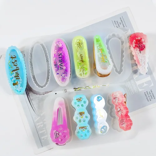 Miniatura 8 de Kit de 12 pinzas para el cabello Shaker - Horquilla de arena movediza moldes de resina epoxi pasadores de pelo de pata de gato, pinzas de silicona