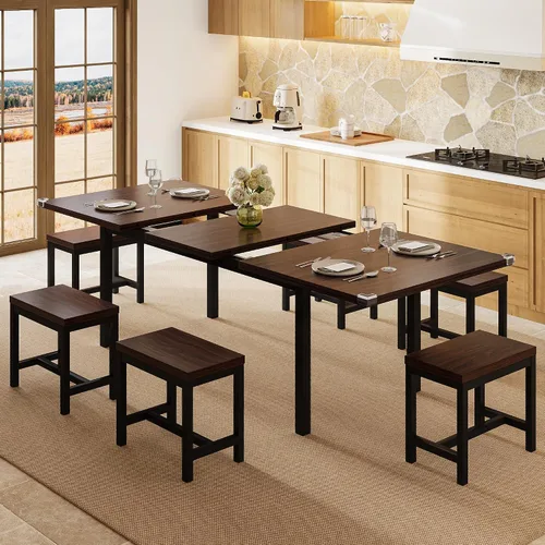 Miniatura 8 de Einhomn Juego de Mesa de Comedor de 5 Piezas para 4-6, Mesa de Cocina Extensible de 63" con 2 Bancos y 2 Taburetes, Estructura de Metal y Tablero