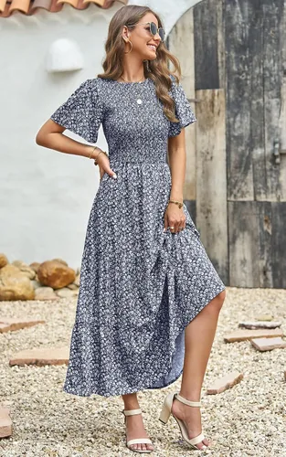 Miniatura 8 de PRETTYGARDEN Vestido largo casual de verano para mujer, de manga corta, bohemio, floral, cuello redondo, fruncido y escalonado