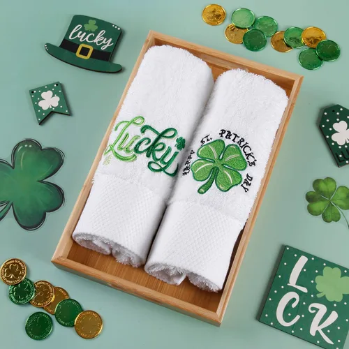 Miniatura 2 de Quera Paquete de 2 toallas de mano para el día de San Patricio, trébol de la suerte, 100% algodón, bordadas, decoración de lujo, juego de toallas