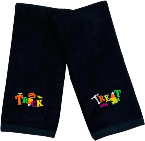 Miniatura 9 de Juego de 2 toallas de mano decorativas de Halloween, toallas de algodón de terciopelo de felpa negra con diseño bordado de truco o trato, toallas