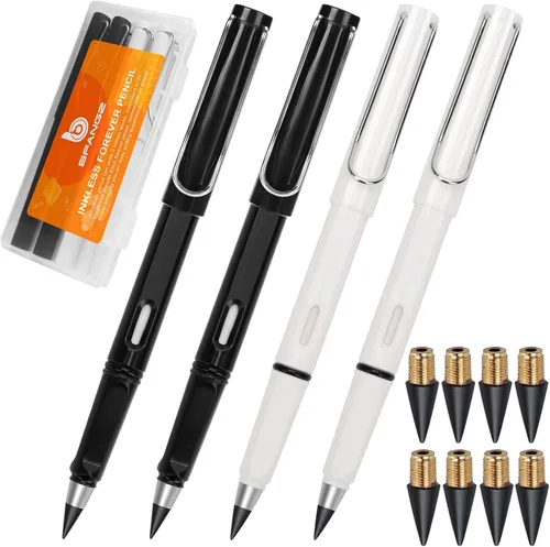 Lápices eternos, bolígrafo sin tinta, lápiz infinito, sin necesidad de sacapuntas 0.7mm, 4 lápices con 8 puntas reemplazables (negro blanco)