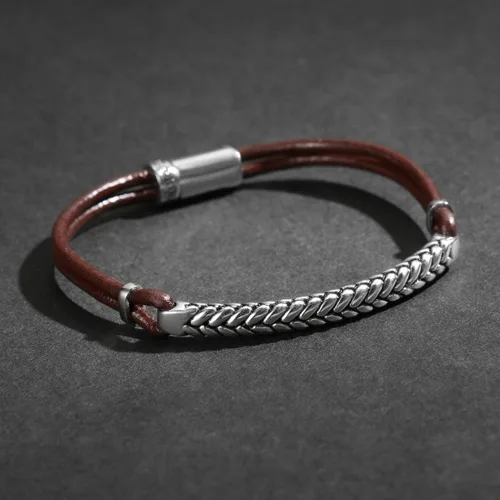 Miniatura 8 de Carleen Footprint - Pulsera de cuero genuino de plata de ley 925 para hombre cuerda trenzada dije inspirador aniversario día de San Valentín regalo