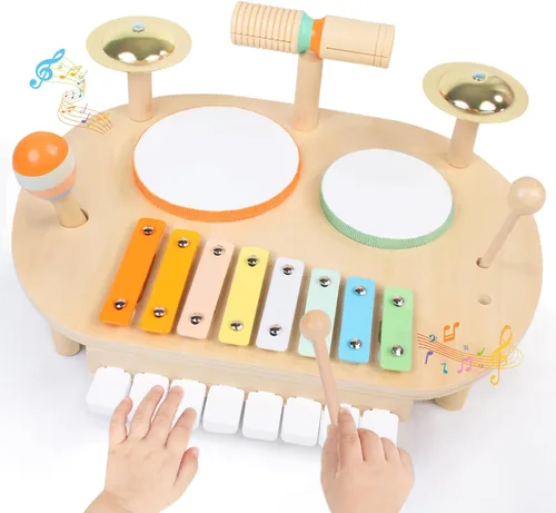 YHHYTOY Juego de batería para bebé, instrumentos musicales de madera para bebés de 1 a 3 años, juego de percusión de mesa de actividades musicales