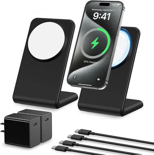 Paquete de 2 soportes de carga compatibles con MagSafe Meifigno con [bloque de carga USB C de 20 W y cable USB C x2], cargador inalámbrico de carga