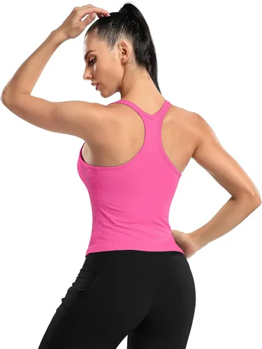 Miniatura 33 de ATTRACO Camiseta corta acanalada de entrenamiento para mujer con brasier integrado para yoga, espalda cruzada, ajuste ajustado