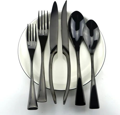 Miniatura 4 de Juego de cubiertos de acero inoxidable negro pulido con espejo, cuchillo de carne, tenedor, tenedor de ensalada, cuchara de postre, 24 piezas
