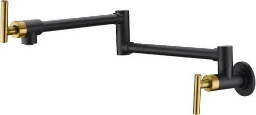 SUMERAIN Grifo de llenado de olla para montaje en pared, grifo de cocina negro y dorado, brazos oscilantes de doble articulación, dos manijas