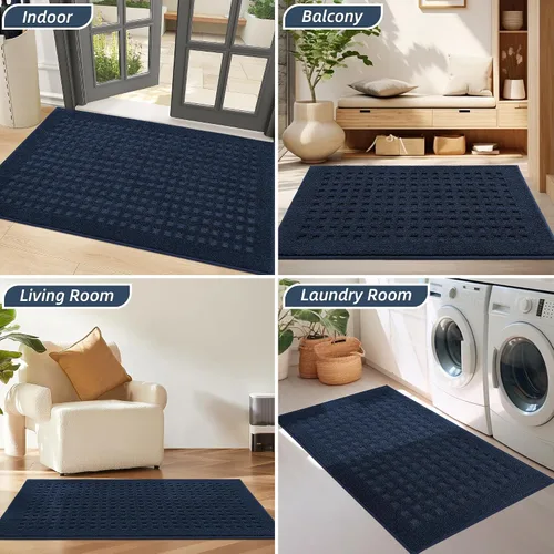Miniatura 8 de BEQHAUSE Tapetes para puerta de 20 x 32 pulgadas, tapete antideslizante de punto gofre, de perfil bajo, resistente a la suciedad y absorbente, Azul