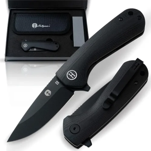 Holtzman's Gorilla Survival Cuchillo plegable campesino con mango táctico G10, hoja de acero D2, juego de caja de regalo (negro) - Ideal para llevar