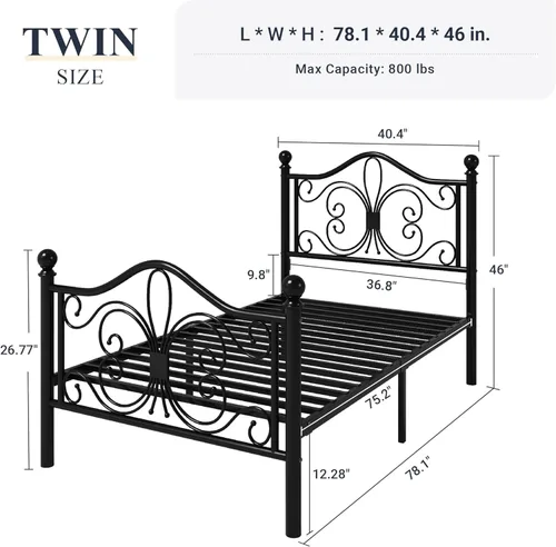 Miniatura 2 de Allewie Marco de cama de tamaño individual para niños, marco de cama de metal con cabecero y piecero de diseño de patrón de mariposa, no necesita