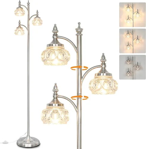 Miniatura 10 de JUNNAI Lámpara de pie negra para sala de estar, lámpara de pie alta, regulable, con 3 luces giratorias, pantalla de cristal, lámpara de esquina Negro