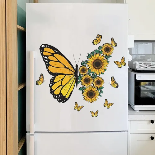 Miniatura 2 de Calcomanías de pared cálidas de girasol y mariposas, diseño de mariposas amarillas, calcomanías de pared removibles de vinilo para despegar y pegar