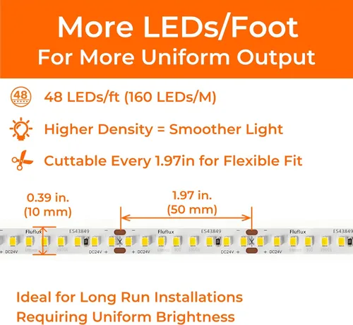 Miniatura 6 de Tira de luces LED de 24 V 2835 3000 K, 300 + LM/FT, 16.4 pies, certificación UL, CRI95, cinta de luz de alta densidad de 160 LEDs/m, cortable