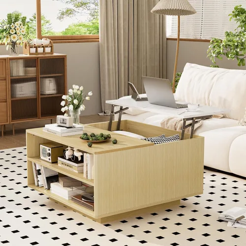 Mesa de centro elevable con almacenamiento, mesa cuadrada central de madera natural estriada con almacenamiento abierto, mesa central para sala de