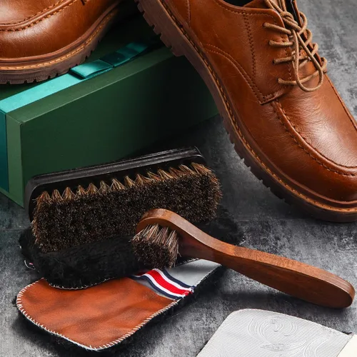 Miniatura 7 de Kit de 4 cepillos para zapatos de pelo de caballo, aplicadores de limpieza de piel, botas, cepillos de cuidado, cepillo limpiador de gamuza