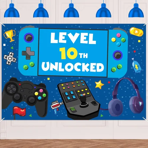 Cartel de nivel 10 desbloqueado para cumpleaños número 10, telón de fondo, decoración temática de videojuegos, decoración para niños y niñas,