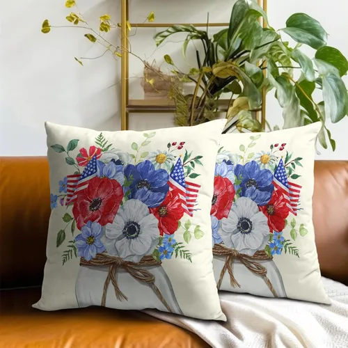 Miniatura 7 de Juego de 2 fundas de cojín decorativas con bandera americana y flores de amapola roja y azul, 16 x 16 pulgadas, fundas cuadradas para sofá, sillón