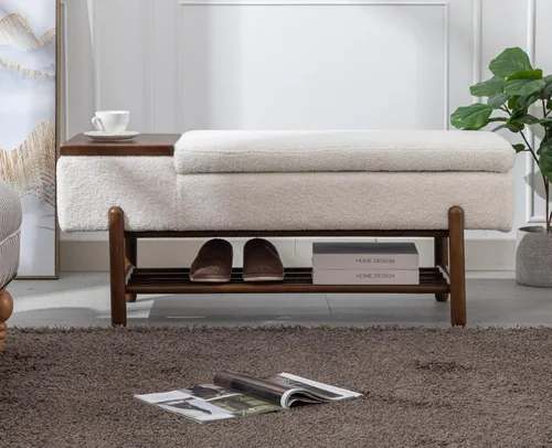 Miniatura 6 de EALSON Banco de almacenamiento moderno para dormitorio, extremo de la cama, banco otomano tapizado de sherpa con almacenamiento y zapatero de Beige