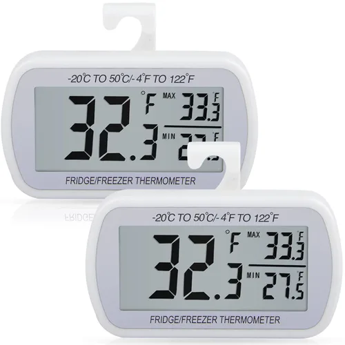 AEVETE Paquete de 2 termómetros digitales impermeables para refrigerador con pantalla LCD grande, termómetro para congelador con parte trasera