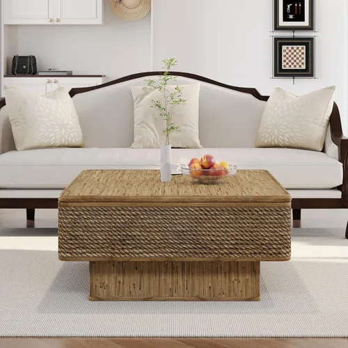 Miniatura 3 de 31.52" Square Lift Top Coffee Table with Storage, Natural Rattan & Hemp Rope, Adjustable Function, Vintage Farmhouse Center Table for Living Room