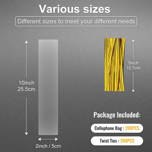 Miniatura 2 de Bolsas transparentes para barra de pretzel, 200 bolsas de caramelos, 2 x 10 pulgadas, celofán, regalo de fiesta, regalo, chelo de manzana con lazos