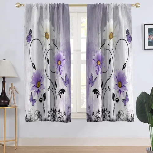 AAtter Cortina de ventana con diseño floral morado, lavanda, lila, flores rústicas, mariposa campestre, margarita blanca, abstracto, negro, cortinas