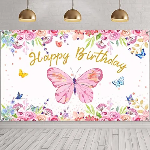 Tatuo Telón de fondo de mariposa de feliz cumpleaños de 6 x 4 pies, decoración de fiesta de cumpleaños de mariposa rosa para niñas y mujeres,