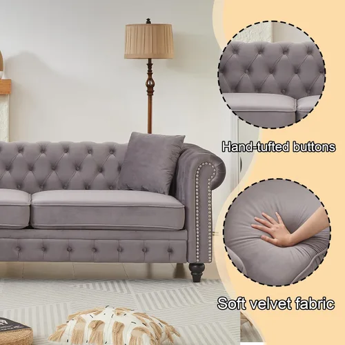 Miniatura 3 de Sofá Chesterfield de terciopelo grande de 85.5 pulgadas, sofá moderno de 3 plazas con brazos enrollados con diseño de botón y 2 cojines para sala