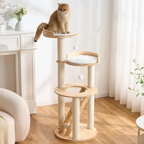 Miniatura 15 de 797Audio Moderno árbol de madera para gatos, árbol estético para gatos de 46 pulgadas con postes rascadores de madera de pino natural y condominio