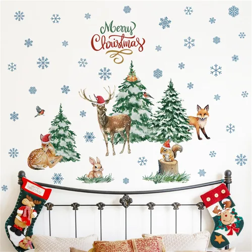 Calcomanías de pared para árbol de Navidad, árbol de Navidad, copo de nieve, alce, decoración de pared, arte de decoración de pared, hogar, oficina,
