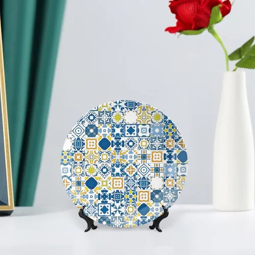 Miniatura 6 de XISUNYA Plato decorativo de 6 pulgadas, porcelana redonda amarilla y azul, mosaico arabesco, adorno decorativo para decoración de cenas, fiestas