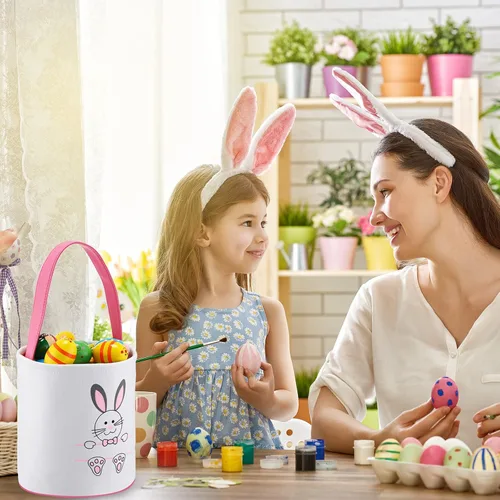 Miniatura 6 de 4 unidades de cesta de conejo de Pascua para niños, bolsas de tela de algodón, vacías personalizadas, cesta de huevos de caramelo, cubos