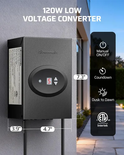 Miniatura 7 de DEWENWILS Transformador de Paisaje de Bajo Voltaje de 120W, Transformador para Exteriores con Temporizador y Sensor de Fotocélula, 120V AC a 12V AC