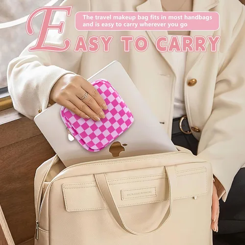 Miniatura 5 de Bolsa de maquillaje pequeña de 5.1 x 5.1 pulgadas para monedero, material flocado, mini bolsa de maquillaje de viaje con dos bolsillos internos