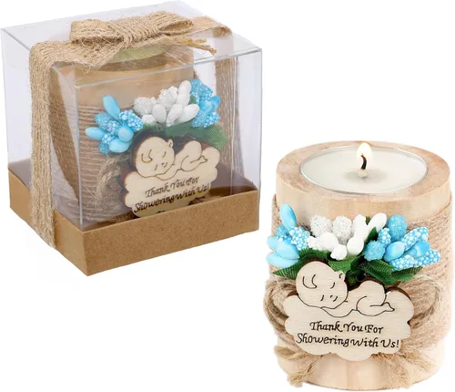 Ju's Favors Portavelas de madera (juego de 10), recuerdos de baby shower, recuerdos de bautizo de niño, recuerdos de fiesta de bautizo de bebé para