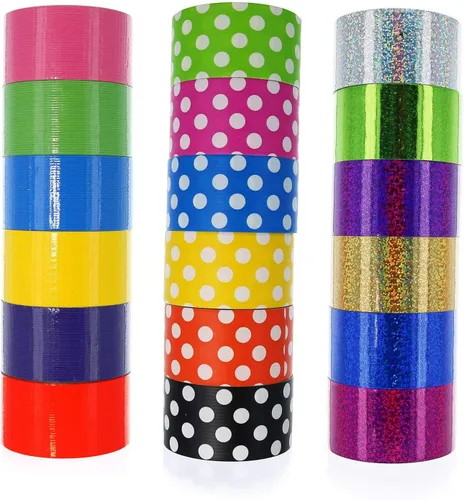 Miniatura 7 de GiftExpress 18 cintas adhesivas de colores surtidos, cintas holográficas de lunares – Cintas de colores brillantes multiusos para días festivos