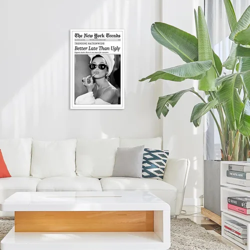 Miniatura 6 de FBKDVC Póster de pared de periódico retro de moda en blanco y negro para mujer, póster artístico con texto en inglés "Better Late Than Ugly Vintage