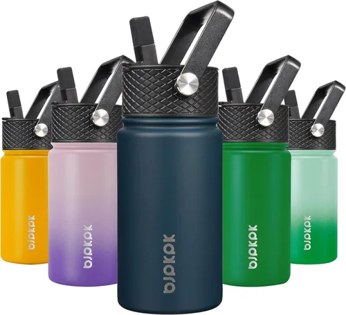 Miniatura 80 de BJPKPK Botella de agua aislada con tapa con pajilla, bonitas botellas de agua de 15 onzas, termo de metal de acero inoxidable, vasos reutilizables