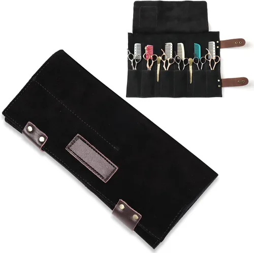 Bolsa de tijeras de salón enrollable, 12 bolsillos de cuero genuino para estilista, soporte para tijeras de peluquería para peluquería Hj-ZP011-negro