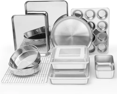 Miniatura 9 de E-far Juego de 9 moldes para hornear de acero inoxidable, juego de 9 piezas para panecillos de galletas, incluye bandeja redonda y cuadrada