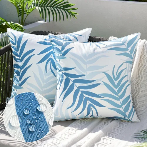 MIULEE Paquete de 2 fundas decorativas impermeables para cojín para exteriores, para patio, patrón de hojas naturales, fundas cuadradas para jardín,