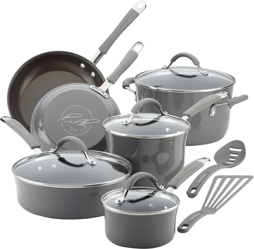 Rachael Ray - 16802 Rachael Ray Cucina - Juego de ollas y sartenes antiadherentes, 12 piezas, color gris sal marina