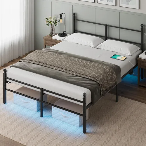 Base de cama tamaño Queen con cabecero, plataforma de metal con luces LED, estación de carga, almacenamiento debajo de la cama y soporte de listones