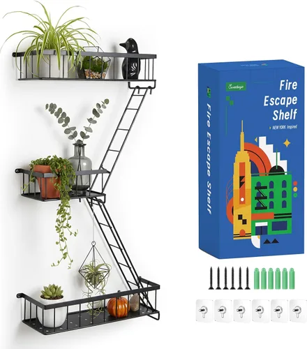 Miniatura 9 de SweetSage Estante de Pared para Salida de Emergencia - Estante Decorativo de Escalera de Nueva York, Estante Flotante de Arte de Pared en Metal Negro